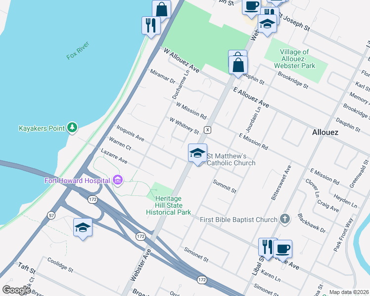 map of restaurants, bars, coffee shops, grocery stores, and more near 2550 Martha Avenue in Allouez