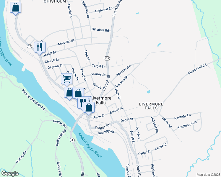 map of restaurants, bars, coffee shops, grocery stores, and more near 26 Baldwin Street in Livermore Falls