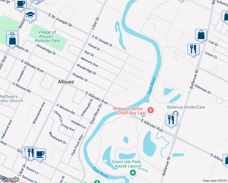 map of restaurants, bars, coffee shops, grocery stores, and more near 815 Dauphin Street in Allouez