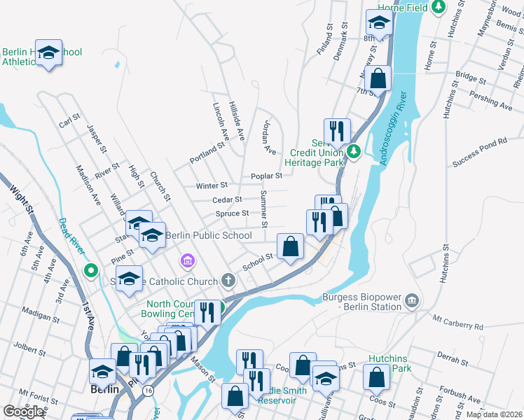 map of restaurants, bars, coffee shops, grocery stores, and more near 104 Summer Street in Berlin