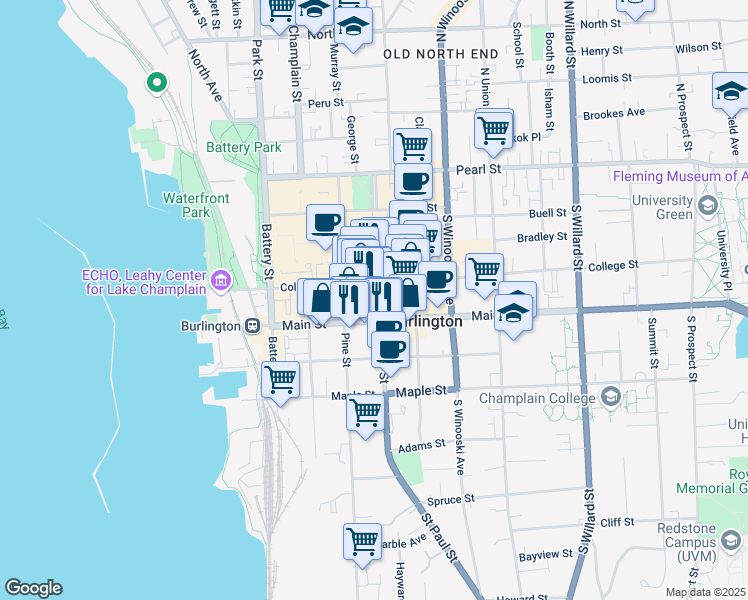 map of restaurants, bars, coffee shops, grocery stores, and more near 119 Saint Paul Street in Burlington