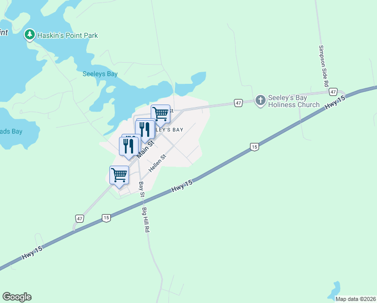 map of restaurants, bars, coffee shops, grocery stores, and more near 102 Adelaide Street in Seeley's Bay