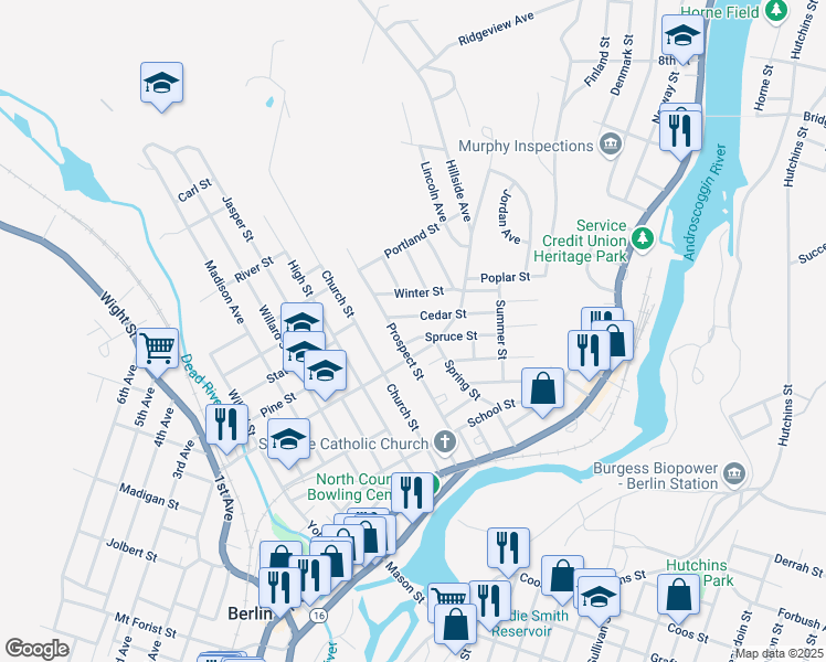 map of restaurants, bars, coffee shops, grocery stores, and more near 33 Spruce Street in Berlin
