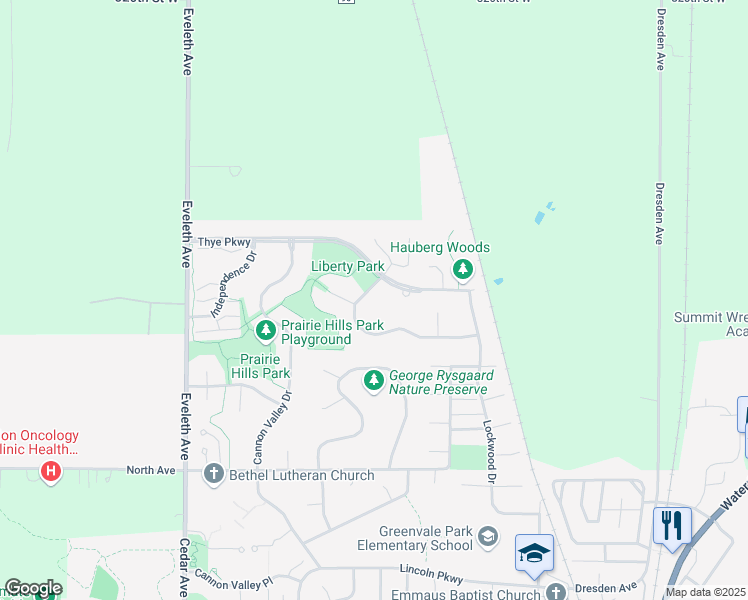 map of restaurants, bars, coffee shops, grocery stores, and more near 1606 Quie Lane in Northfield