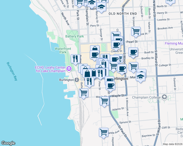 map of restaurants, bars, coffee shops, grocery stores, and more near 91 College Street in Burlington