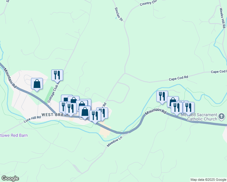 map of restaurants, bars, coffee shops, grocery stores, and more near 55 Village Green Drive in Stowe