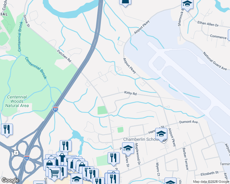 map of restaurants, bars, coffee shops, grocery stores, and more near 53 Kirby Road in South Burlington