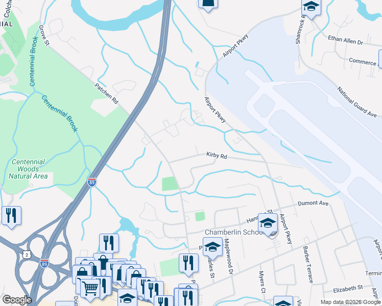map of restaurants, bars, coffee shops, grocery stores, and more near 53 Kirby Road in South Burlington