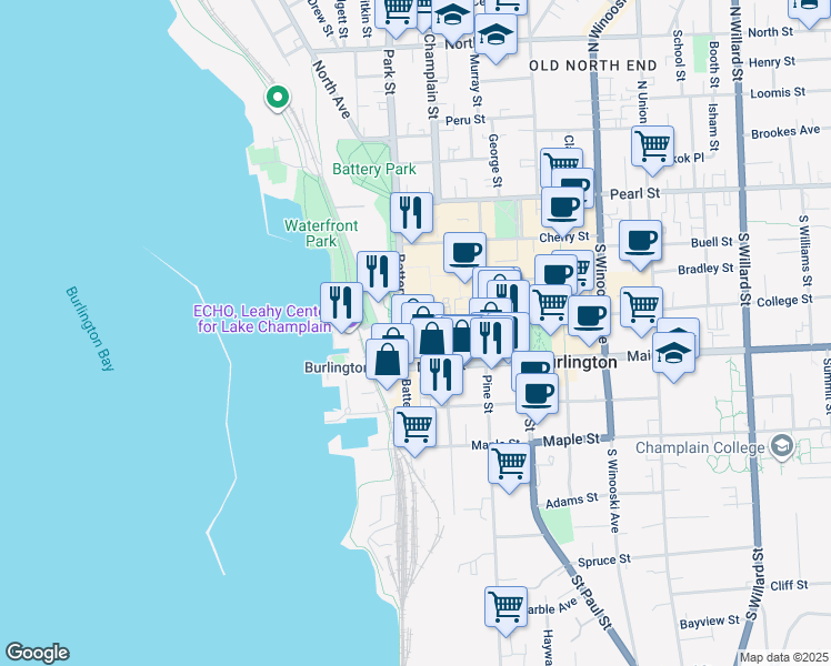map of restaurants, bars, coffee shops, grocery stores, and more near 63 College Street in Burlington