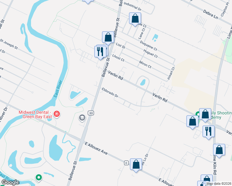 map of restaurants, bars, coffee shops, grocery stores, and more near 1751 Eldorado Drive in Green Bay