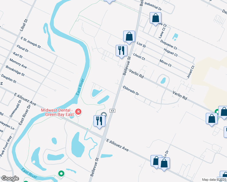 map of restaurants, bars, coffee shops, grocery stores, and more near 1461 Bellevue Street in Green Bay