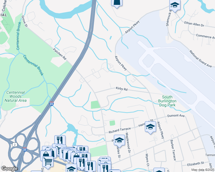 map of restaurants, bars, coffee shops, grocery stores, and more near 53 Kirby Road in South Burlington