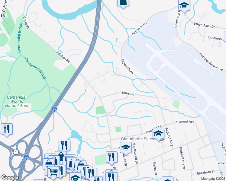 map of restaurants, bars, coffee shops, grocery stores, and more near 53 Kirby Road in South Burlington