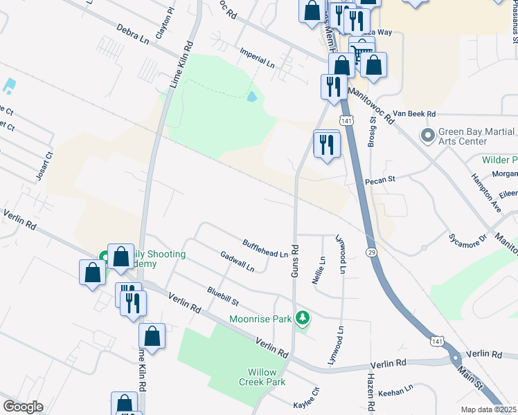 map of restaurants, bars, coffee shops, grocery stores, and more near 2127 Royal Crest Circle in Green Bay