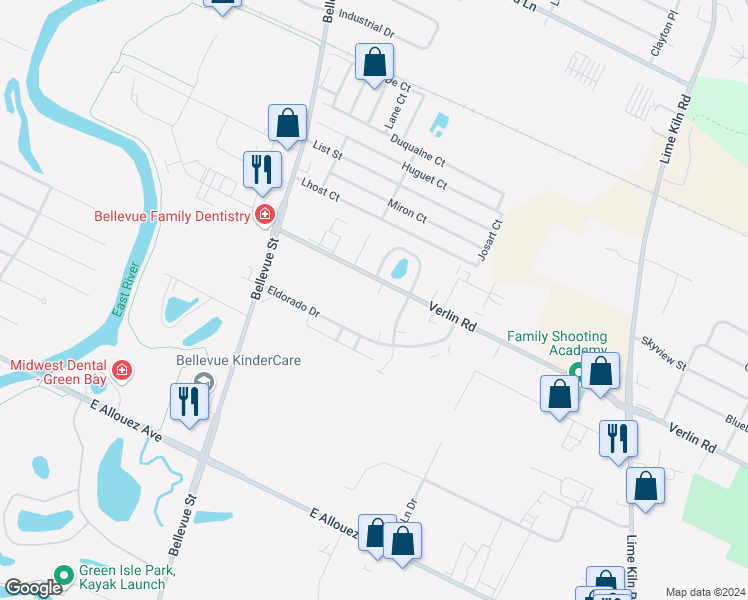 map of restaurants, bars, coffee shops, grocery stores, and more near 1446 Seville Drive in Green Bay
