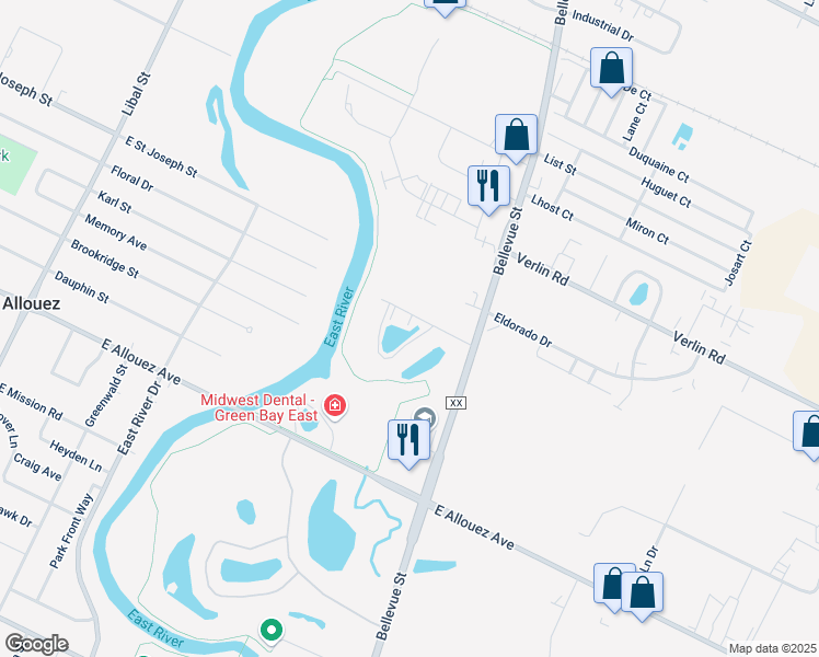 map of restaurants, bars, coffee shops, grocery stores, and more near 1601 River Bend Terrace in Green Bay