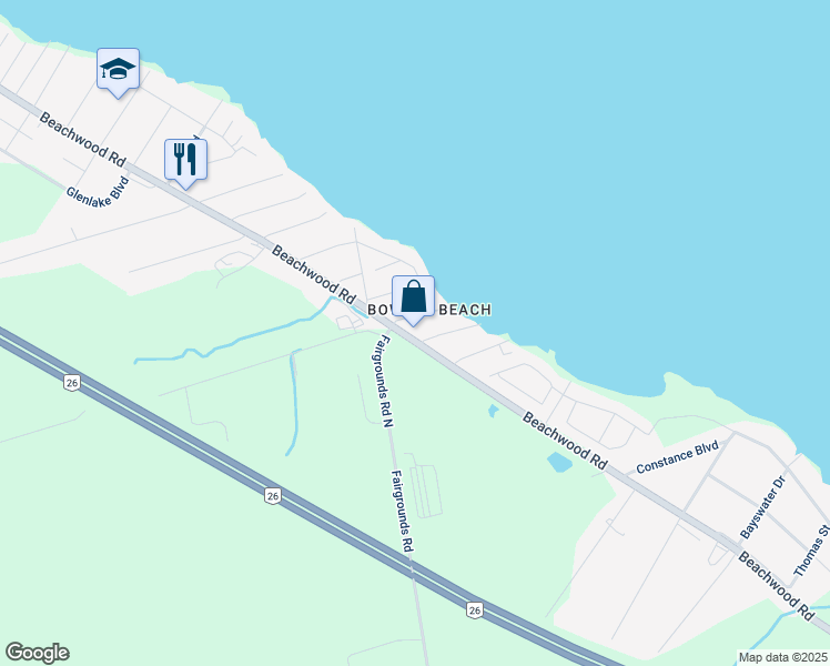 map of restaurants, bars, coffee shops, grocery stores, and more near 9180 Beachwood Road in Wasaga Beach