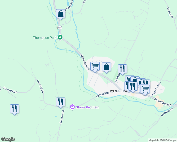map of restaurants, bars, coffee shops, grocery stores, and more near 2309 Mountain Road in Stowe