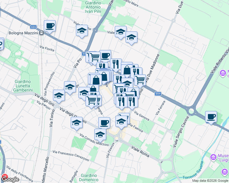 map of restaurants, bars, coffee shops, grocery stores, and more near 11 Via Calabria in Bologna