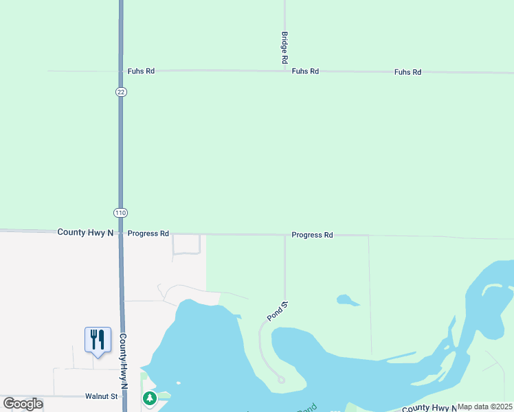 map of restaurants, bars, coffee shops, grocery stores, and more near E6252 Progress Road in Manawa
