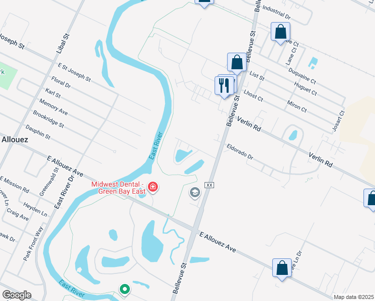 map of restaurants, bars, coffee shops, grocery stores, and more near 1685 River Bend Terrace in Bellevue