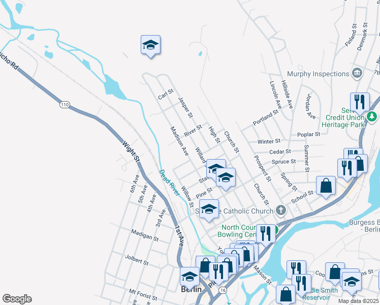 map of restaurants, bars, coffee shops, grocery stores, and more near 363 Madison Avenue in Berlin