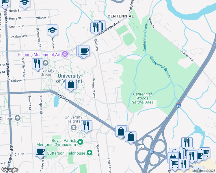 map of restaurants, bars, coffee shops, grocery stores, and more near 210 East Avenue in Burlington