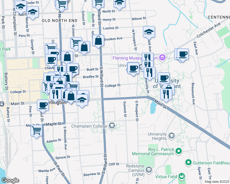 map of restaurants, bars, coffee shops, grocery stores, and more near 446 Main Street in Winooski
