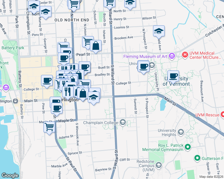 map of restaurants, bars, coffee shops, grocery stores, and more near 348 Main Street in Burlington