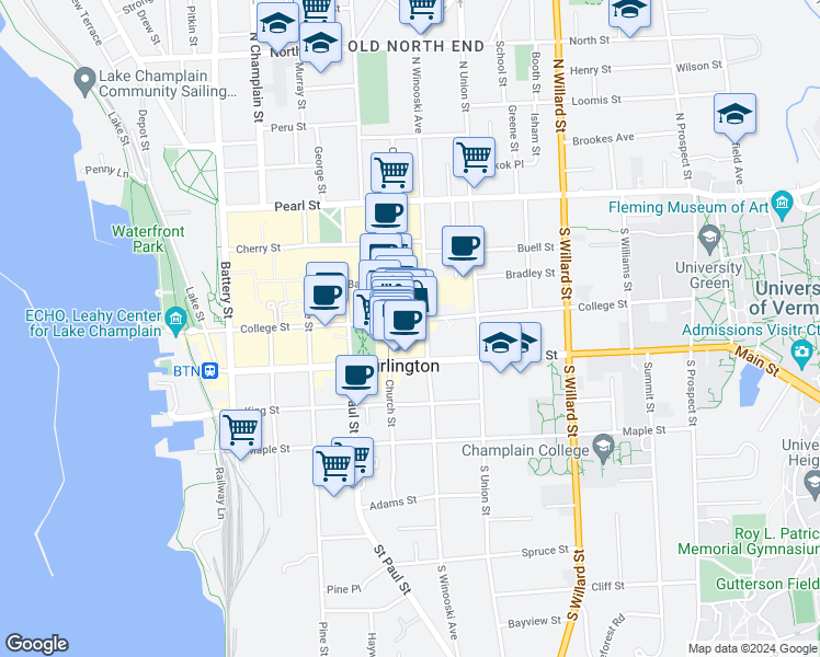 map of restaurants, bars, coffee shops, grocery stores, and more near in Burlington