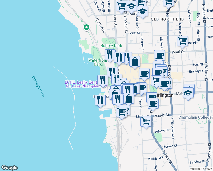 map of restaurants, bars, coffee shops, grocery stores, and more near 1 College Street in Burlington