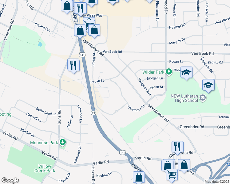 map of restaurants, bars, coffee shops, grocery stores, and more near 2413 Sycamore Drive in Green Bay
