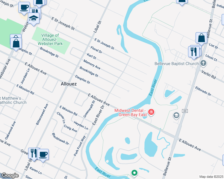 map of restaurants, bars, coffee shops, grocery stores, and more near 815 Dauphin Street in Allouez