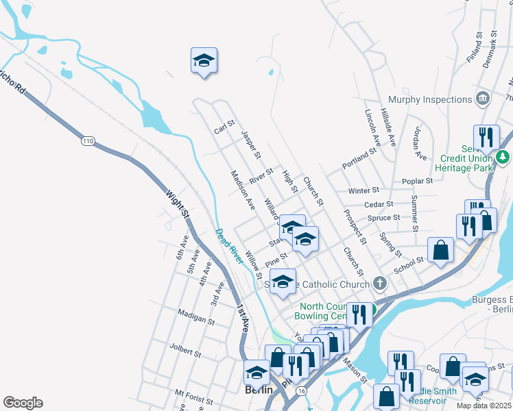 map of restaurants, bars, coffee shops, grocery stores, and more near 363 Madison Avenue in Berlin