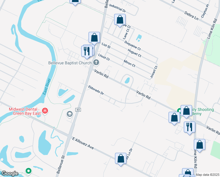 map of restaurants, bars, coffee shops, grocery stores, and more near 1764 Eldorado Drive in Green Bay