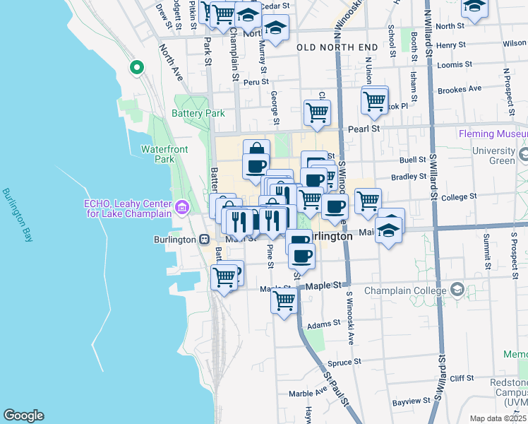 map of restaurants, bars, coffee shops, grocery stores, and more near 101 College Street in Burlington