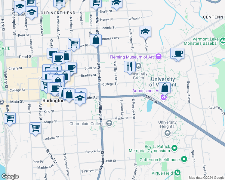 map of restaurants, bars, coffee shops, grocery stores, and more near 388 Main Street in Burlington