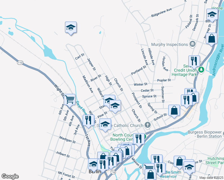 map of restaurants, bars, coffee shops, grocery stores, and more near 212 Park Street in Berlin