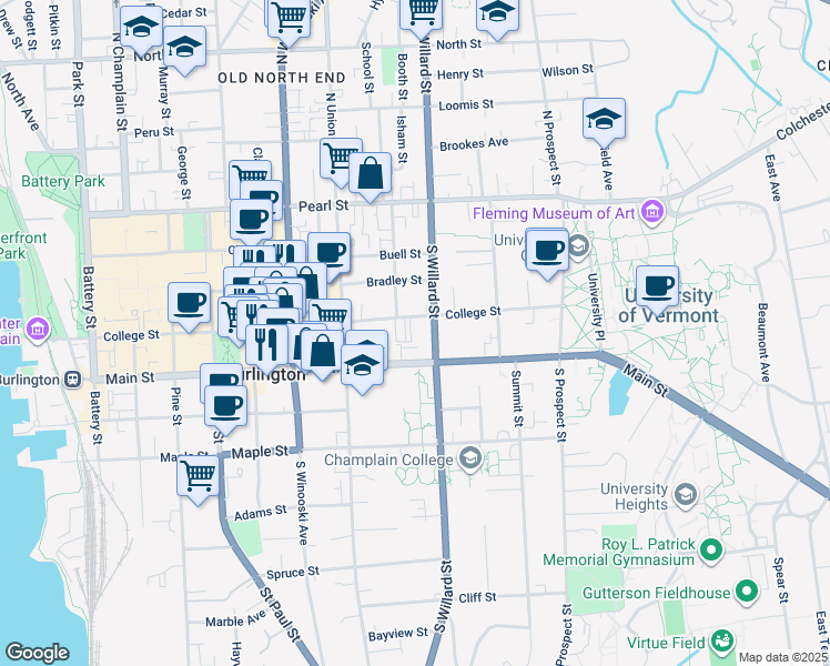 map of restaurants, bars, coffee shops, grocery stores, and more near 348 Main Street in Burlington
