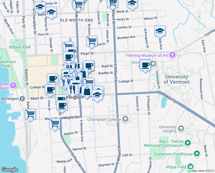 map of restaurants, bars, coffee shops, grocery stores, and more near 300 Main Street in Burlington
