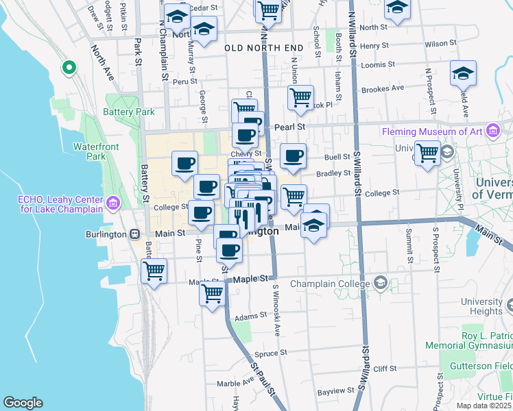 map of restaurants, bars, coffee shops, grocery stores, and more near in Burlington