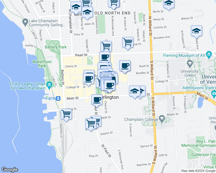 map of restaurants, bars, coffee shops, grocery stores, and more near in Burlington