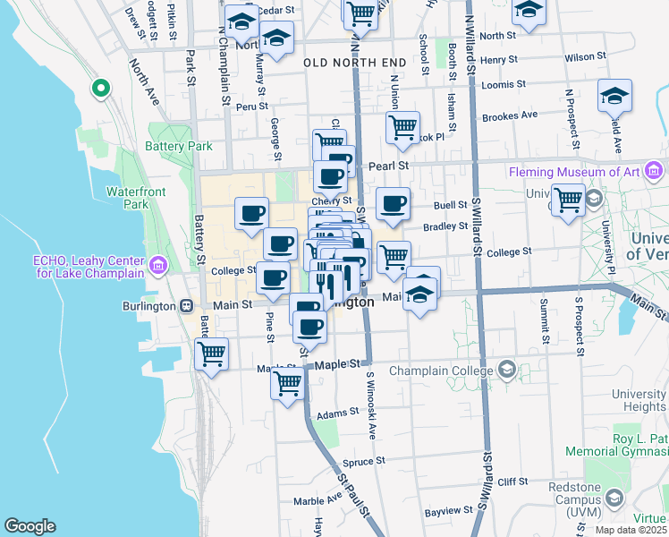 map of restaurants, bars, coffee shops, grocery stores, and more near in Burlington