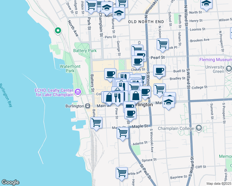 map of restaurants, bars, coffee shops, grocery stores, and more near 7 Lawson Lane in Burlington