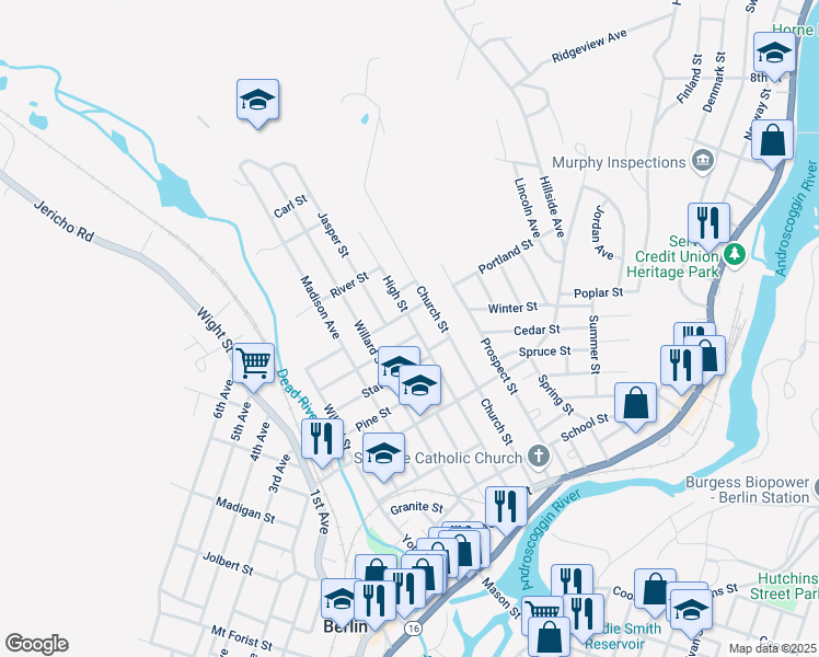 map of restaurants, bars, coffee shops, grocery stores, and more near 212 Park Street in Berlin