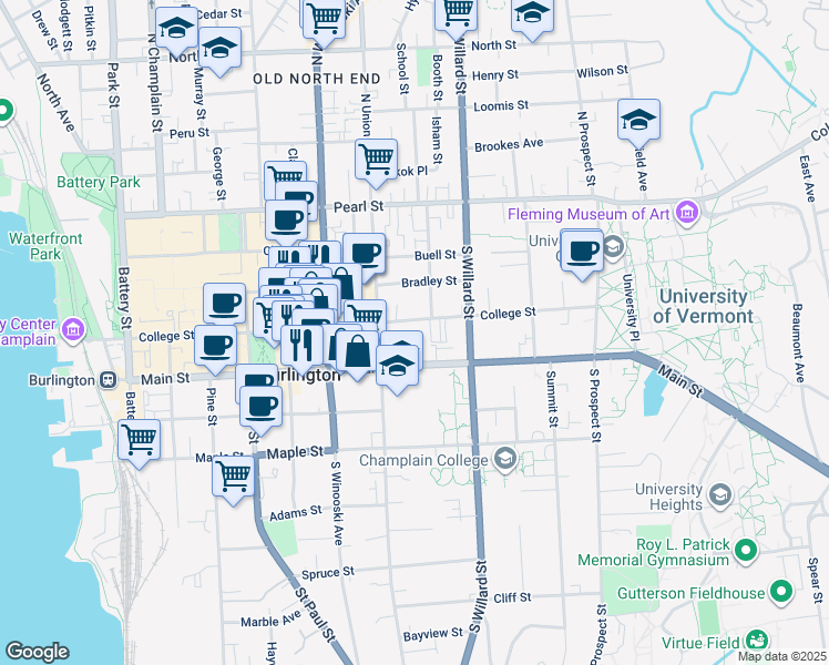 map of restaurants, bars, coffee shops, grocery stores, and more near 297 College Street in Burlington