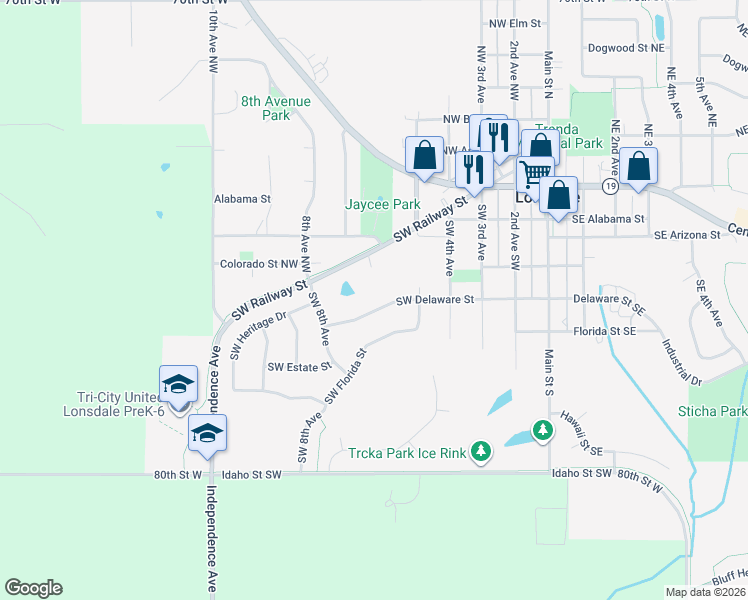 map of restaurants, bars, coffee shops, grocery stores, and more near 703 Southwest Delaware Street in Lonsdale