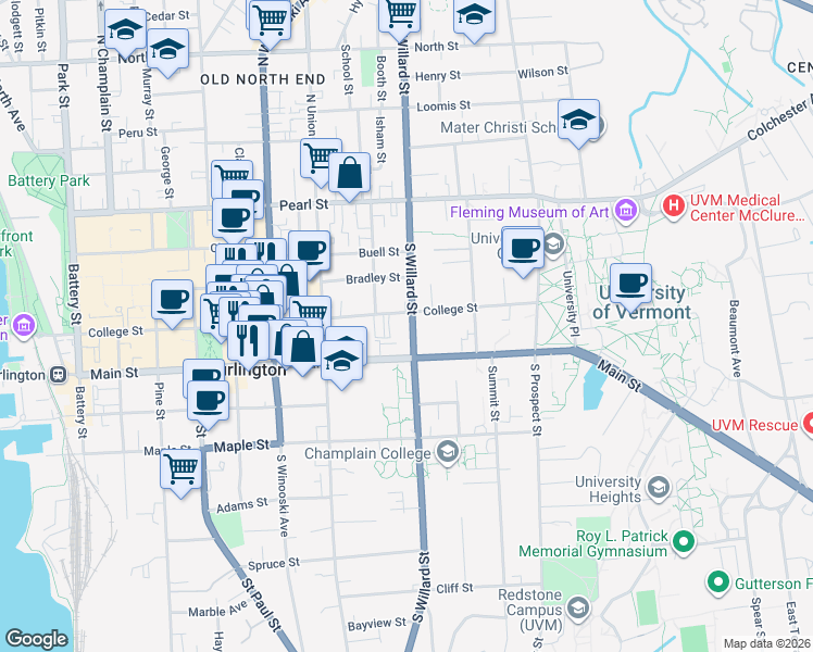 map of restaurants, bars, coffee shops, grocery stores, and more near 348 Main Street in Burlington