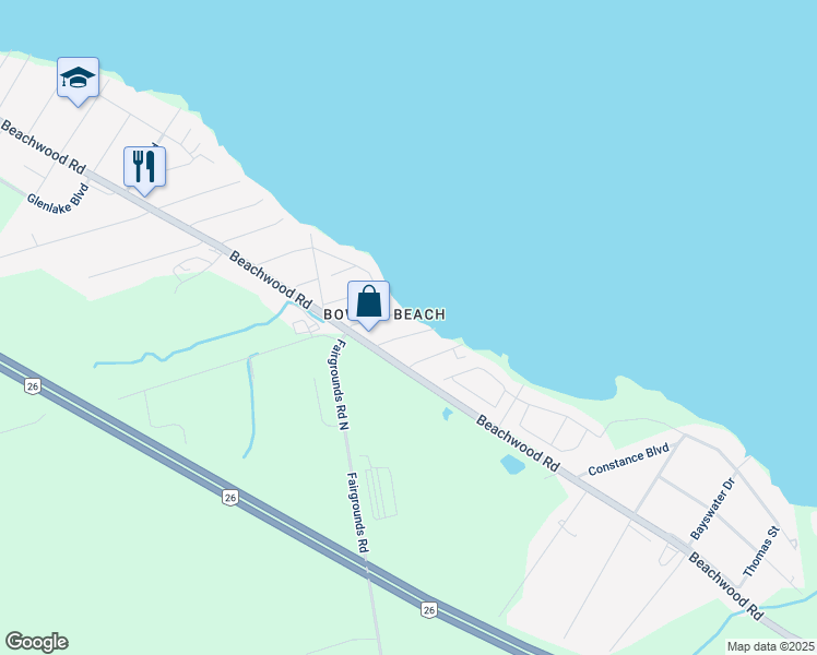 map of restaurants, bars, coffee shops, grocery stores, and more near 24 Nottawa Road in Wasaga Beach