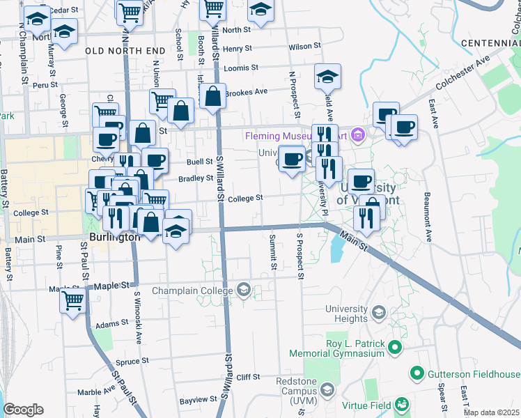 map of restaurants, bars, coffee shops, grocery stores, and more near 446 Main Street in Winooski